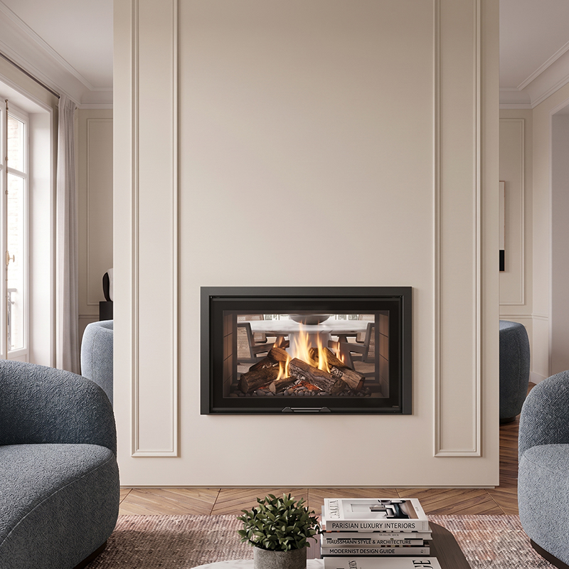 Foyer à bois double face CHOPOK FLAMME O 90, largeur 97 cm avec porte relevable 12 kW Kobok