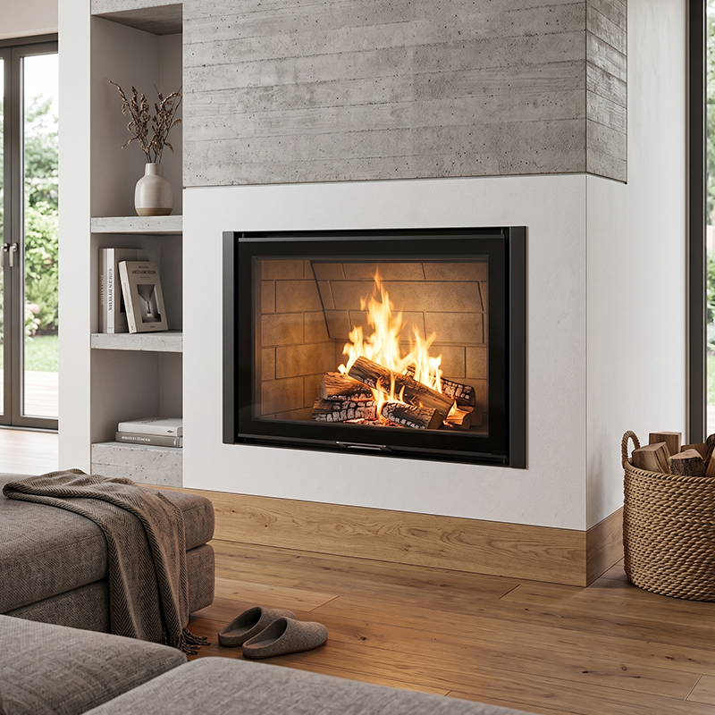 Foyer à bois droit grande hauteur CHOPOK FLAMME LE 78, largeur 63 cm avec porte relevable 12 kW Kobok