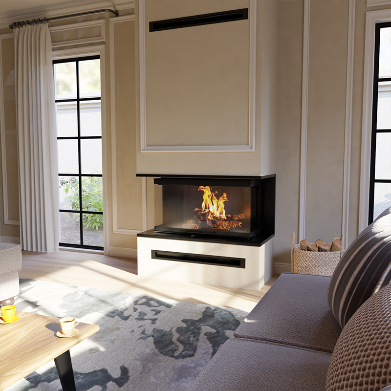 Foyer à bois 3 vitres CHOPOK FLAMME 2R90 90, largeur 93 cm avec porte relevable 12 kW Kobok