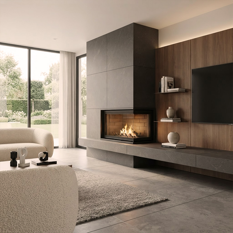 Foyer à bois d'angle CHOPOK FLAMME R90 67, largeur 72 cm avec porte relevable 9,5 kW Kobok