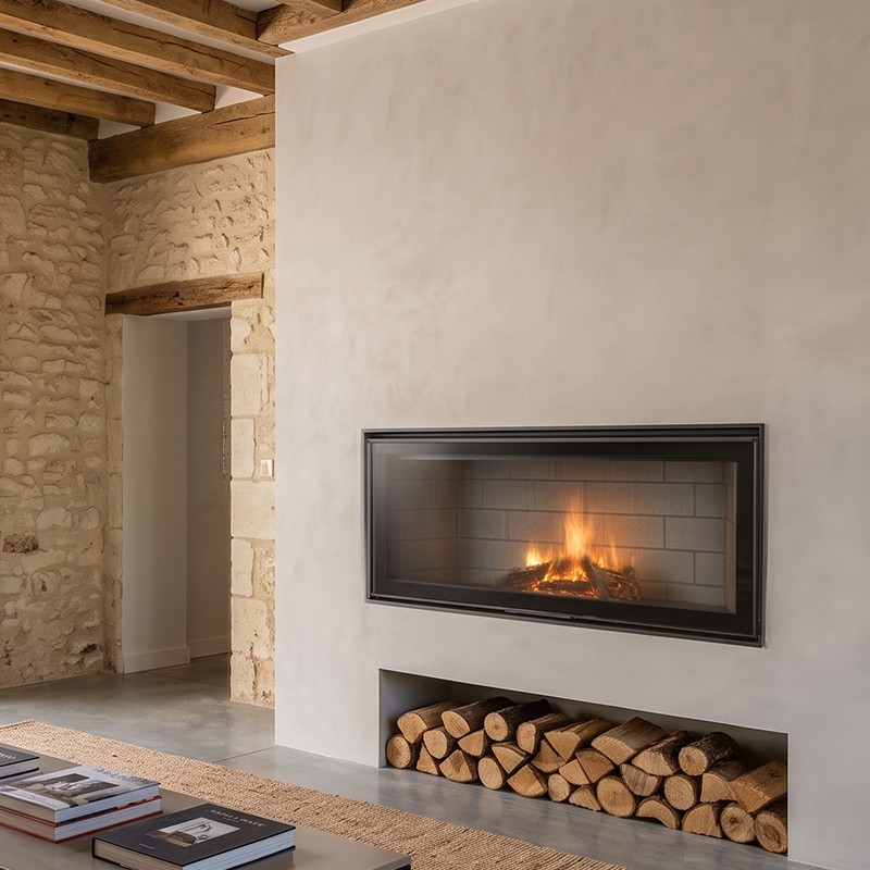 Foyer à bois droit CHOPOK FLAMME L 130, largeur 137 cm avec porte relevable 16 kW Kobok