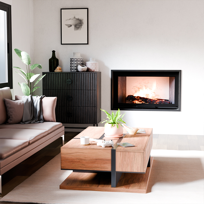 Foyer à bois droit CHOPOK FLAMME L 90, largeur 97 cm avec porte relevable 12 kW Kobok