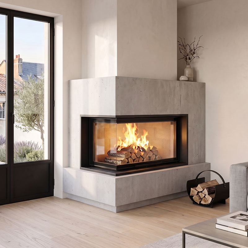 Foyer à bois d'angle CHOPOK FLAMME R90 90, largeur 95 cm avec porte relevable 12,7 kW Kobok
