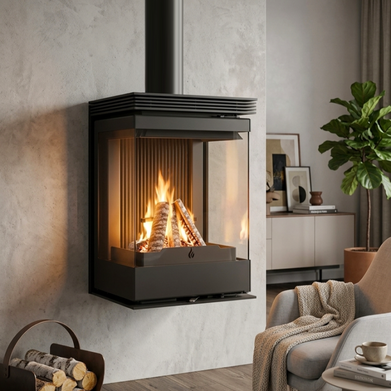 Poêle à bois suspendu BYZA 50 DEKOR avec 3 vitres, largeur 50 cm, 8,1 kW Kobok