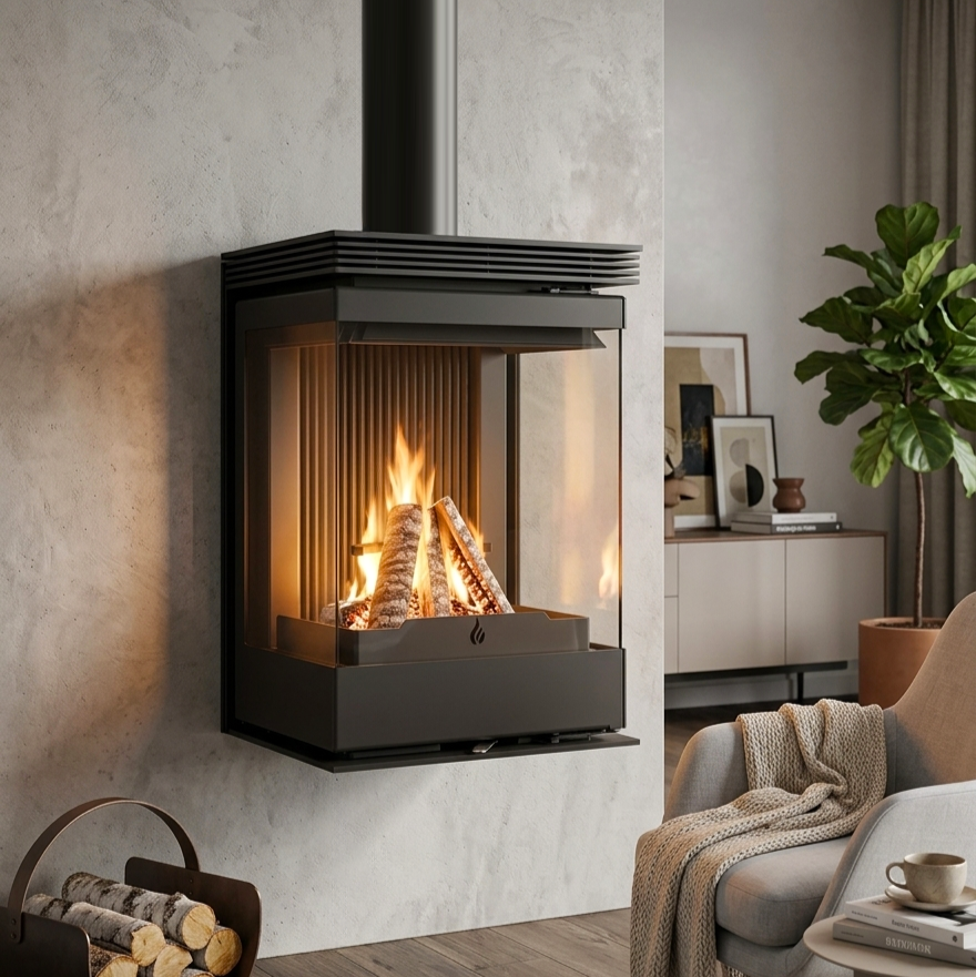 Poêle à bois suspendu BYZA 50 DEKOR avec 3 vitres, largeur 50 cm, 8,1 kW Kobok