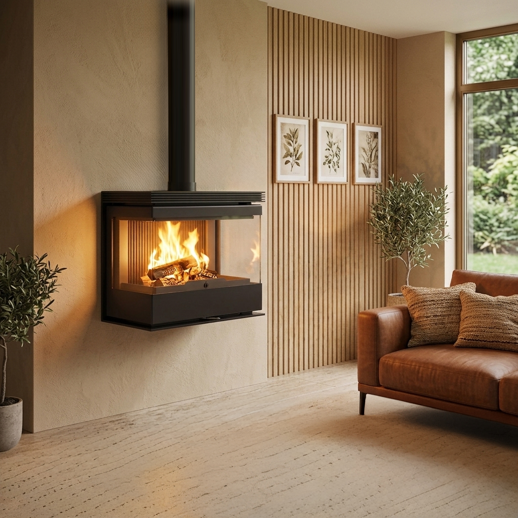 Poêle à bois suspendu CAZA 700 DEKOR avec 3 vitres, largeur 67 cm, 7,4 kW Kobok
